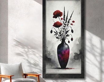 Könnte beinhalten: Ein vertikaler, rechteckiger Wandkunstdruck mit einer schwarzen Vase, die rote Mohnblumen und dunkle Stängel enthält. Das Kunstwerk verwendet einen Aquarellstil mit weißem Hintergrund, grauen Tintenspritzern und einem dicken schwarzen Rahmen.