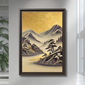 Cuadro de montaña japonesa, lienzo enmarcado, paisaje zen dorado, decoración asiática.