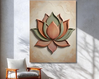 Lienzo decorativo de loto, decoración botánica de terracota y salvia, efecto 3D para sala de meditación.