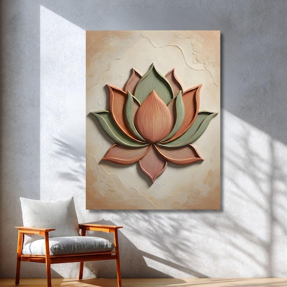 Lotus Wall Art Canvas , Terracotta Sage Botanical Decor, 3D Effect Meditation Room Art