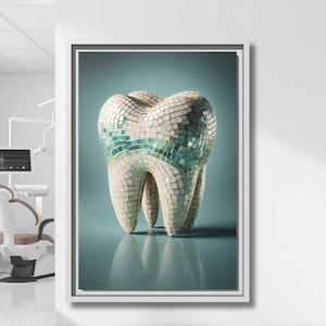 May include: A framed artwork featuring a large molar tooth. The tooth is covered in a mosaic of small, square tiles in shades of white, cream, and teal. The background is a solid teal color, and the artwork is displayed in a white frame.