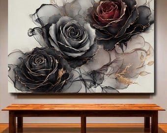 May include: A canvas print featuring a floral design of roses. The artwork showcases three roses in shades of black, gray, and red, with gold accents. The background has a watercolor effect. The canvas is displayed above a wooden bench.