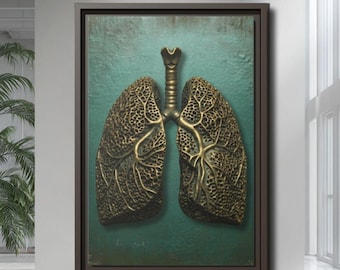 Könnte beinhalten: Gerahmtes Kunstwerk mit einer bronzefarbenen, detaillierten anatomischen Darstellung der menschlichen Lunge vor einem türkisgrünen, strukturierten Hintergrund. Das Kunstwerk ist in einem dunkelbraunen Rahmen, geeignet für Arztpraxen oder Heimdekoration.
