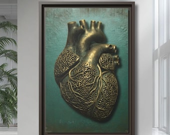 Könnte beinhalten: Ein gerahmtes Kunstwerk mit einem detaillierten, bronzefarbenen anatomischen Herzen vor einem türkisgrünen, strukturierten Hintergrund. Die komplizierten Details des Herzens werden hervorgehoben, wodurch ein auffälliger visueller Kontrast innerhalb des dunkelbraunen Rahmens entsteht.