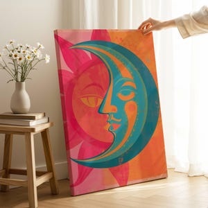 Riso Print Sun and Moon Canvas, Neon Mexican Folk Art, Risograph Style Decor