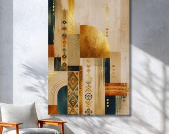 Könnte beinhalten: Ein vertikales, rechteckiges Wandbild mit einer abstrakten Komposition aus geometrischen Formen, darunter ein großer goldener Halbkreis, vertikale Streifen und komplexe Rautenmuster in den Farben Marineblau, Creme, Beige und Metallic-Gold.