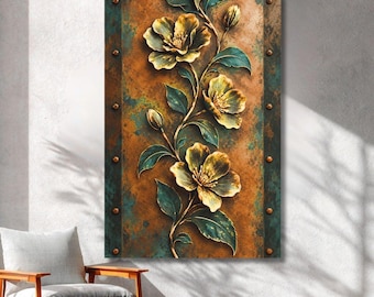 Könnte beinhalten: Ein vertikales, rechteckiges Wandbild mit einem zentralen Stängel, drei blühenden Blumen und zwei Knospen in Gold- und Petroltönen. Der Hintergrund hat eine verwitterte Kupfertextur mit seitlichen Paneelen in Petrol, die mit kleinen Nieten verziert sind.