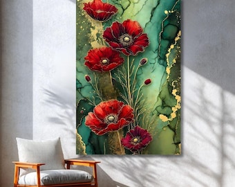 Könnte beinhalten: Vertikaler Leinwanddruck mit leuchtend roten Mohnblumen mit goldenen Akzenten vor einem türkis-grünen Hintergrund. Das Kunstwerk hat einen Aquarelleffekt und schafft ein auffälliges Blumendesign für die Inneneinrichtung.