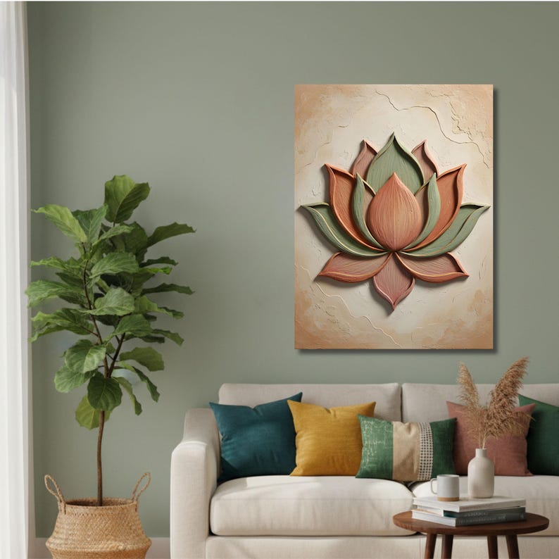 Lienzo decorativo de loto, decoración botánica de terracota y salvia, efecto 3D para sala de meditación. imagen 9