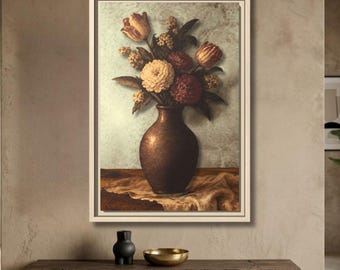 Könnte beinhalten: Ein gerahmter Wandkunstdruck, der eine dunkelbraune Keramikvase mit einem Blumenstrauß aus cremefarbenen, roten und orangefarbenen Blüten zeigt. Die Vase steht auf einer drapierten Stoffoberfläche vor einem hellen, strukturierten Hintergrund.