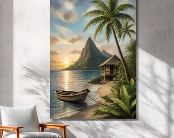 Könnte beinhalten: Ein vertikaler Wandkunstdruck, der eine tropische Küstenszene bei Sonnenuntergang zeigt. Ein hölzernes Ruderboot liegt an einem Sandstrand in der Nähe einer kleinen Hütte auf Stelzen zwischen Palmen. Im Hintergrund erhebt sich ein spitzer Berg.
