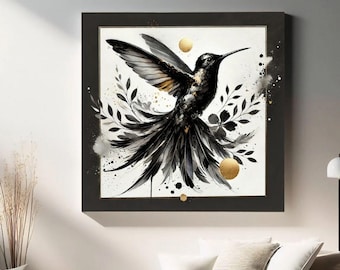Black and Gold Hummingbird Canvas, Abstract Ink Bird Print, Luxury Modern Square Wall Art