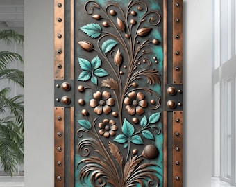 Könnte beinhalten: Ein rechteckiges Wandkunstwerk mit floralem Design. Das Kunstwerk zeigt einen türkisfarbenen Hintergrund mit bronzefarbenen Blumen, Blättern und Stielen. Bronzefarbene Metallstreifen und Nieten umrahmen das Kunstwerk und erzeugen einen strukturierten, dimensionalen Effekt.