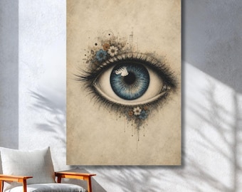 Könnte beinhalten: Ein vertikaler Wandkunstdruck mit einer detaillierten Illustration eines einzelnen menschlichen Auges mit einer leuchtend blauen Iris. Das Auge ist von zarten, tuscheartigen Skizzen kleiner Blumen und Blätter in Blau-, Weiß- und Orangetönen umgeben.