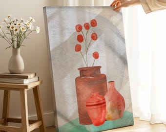 Aquarell Terrakotta Vasen Leinwand Kunst, Boho Blumen Stillleben Malerei, erdige Raumdekor