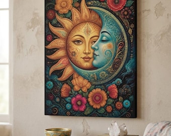 Könnte beinhalten: Ein rechteckiger Wandkunstdruck mit einer goldenen Sonne mit menschlichem Gesicht und einem blauen Halbmond mit menschlichem Gesicht, umgeben von bunten Blumen, darunter rote, orangefarbene und blaue Blüten auf dunklem Grund.