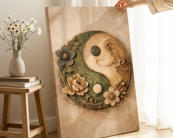 Floral Yin Yang Canvas Print, Wood Carving Art Zen Wall Decor