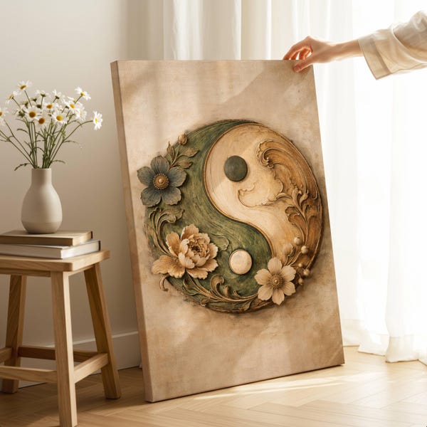 Floral Yin Yang Canvas Print, Wood Carving Art Zen Wall Decor