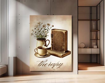 Vintage Bücher und Kaffee Leinwand Kunst, Therapie Schild Leseecke Dekor, Cottagecore Druck