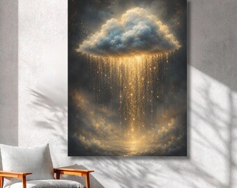 Könnte beinhalten: Ein rechteckiger Wandkunstdruck, der einen dunklen, stürmischen Himmel mit einer einzelnen großen, flauschigen Wolke in der Mitte oben zeigt. Goldenes, leuchtendes Licht strömt wie Regen aus der Wolke nach unten und erzeugt einen schimmernden, vertikalen Effekt vor dem dunklen Hintergrund.