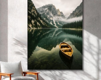 Könnte beinhalten: Ein Wandbild, das einen ruhigen See mit einem kleinen hölzernen Ruderboot zeigt, das auf dem Wasser treibt. Im Hintergrund erheben sich hohe, zerklüftete Berge in einen bewölkten Himmel, während dichte Nadelwälder das Ufer säumen.