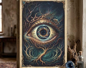 Könnte beinhalten: Ein rechteckiger Wandkunstdruck mit einem großen, zentralen menschlichen Auge, dessen Iris und Pupille eine Galaxie zeigen. Die Umgebung zeigt komplizierte, goldene, baumartige Äste und Wurzeln vor einem dunkelblauen, sternenklaren Hintergrund.