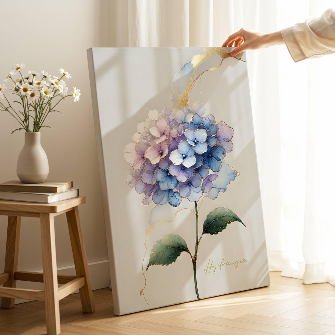 Blue Purple Hydrangea Canvas, Gold Alcohol Ink Floral Wall Art ...