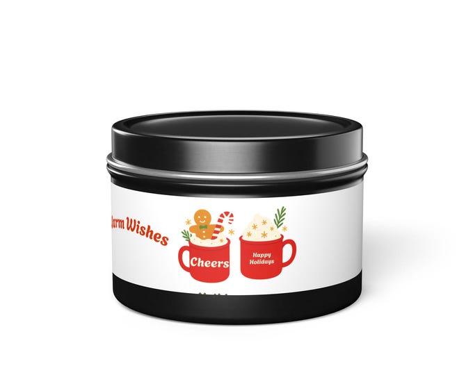 Warm Wishes hot cocoa mugs Tin Candle | holiday cocoa gingerbread design