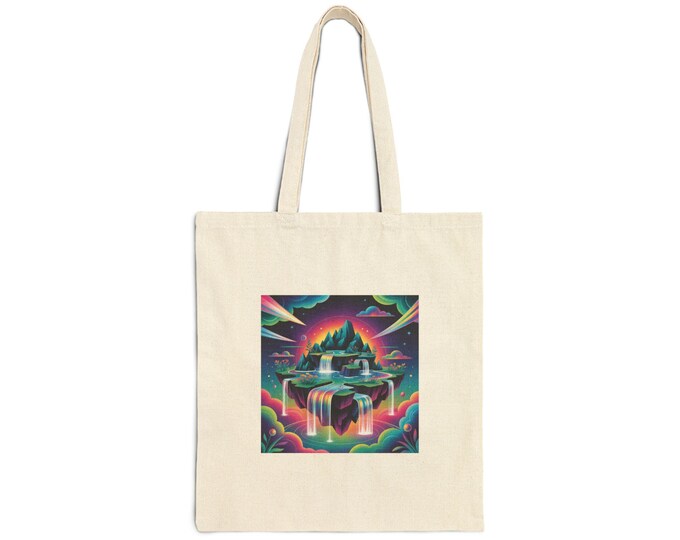 Surreal Dreamscape Tote, AI Art Gradient Cyberpunk Landscape Canvas Tote