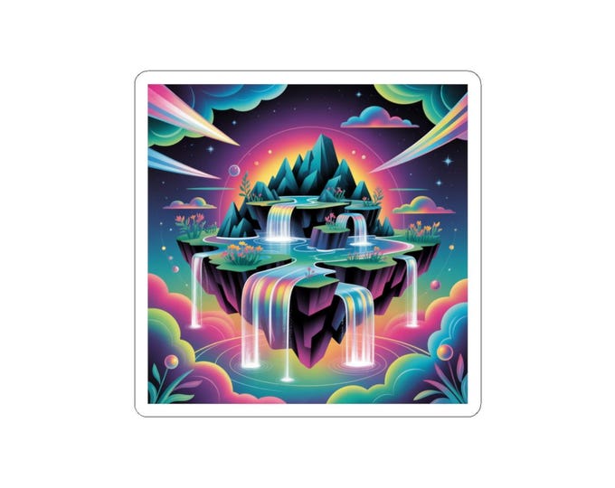 Surreal Floating Island Sticker | AI Art Dreamscape, Futuristic Neon Gradient