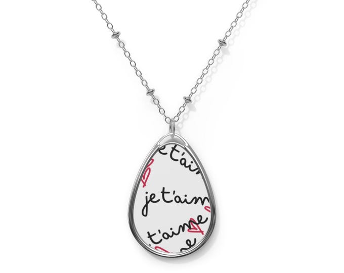 Je t'aime Script Oval Necklace | Silver Teardrop Pendant, Romantic Love Design