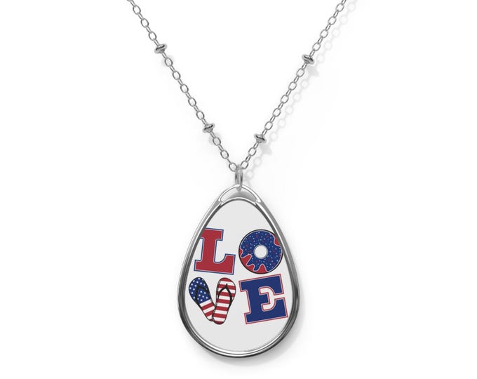 Patriotic LOVE Oval Necklace | American Flag Heart & Stars Pendant
