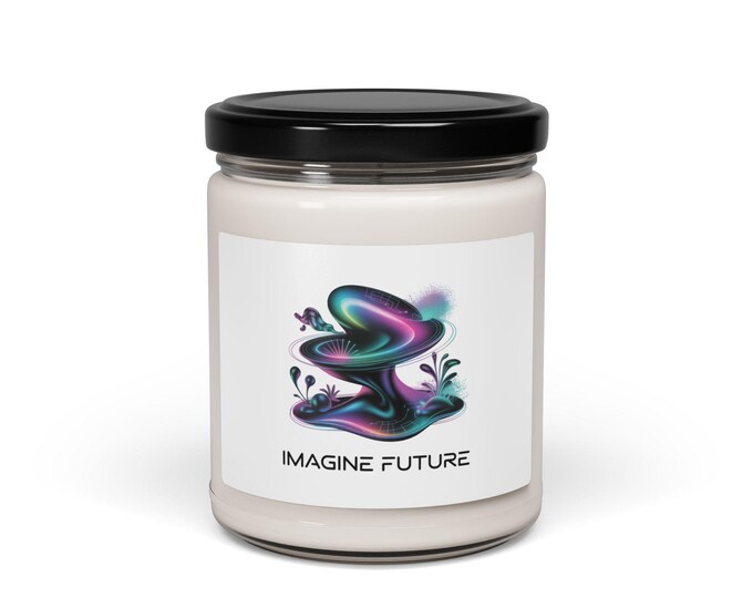 Imagine Future Candle, Scented Soy Jar | AI Art Dreamscape, Surreal Neon Gradient