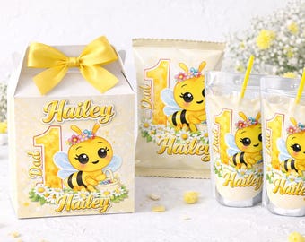 Bee 1st Birthday Party Favors – Personalized Gable Box Set, juice label and chip bags