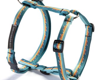 May include: A teal dog harness with a colorful striped pattern in orange, yellow, and blue. The harness has black plastic buckles and metal rings for leash attachment. The brand name "LUWELLO" is printed on a black label.