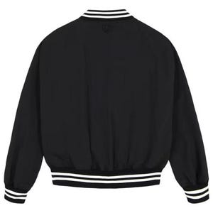 May include: Black bomber jacket with white striped trim on the collar, cuffs, and hem. The jacket has a small emblem on the upper back. The jacket is a casual outerwear garment.