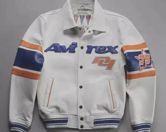 Avirex Jacket White Vintage Style Varsity – Avirex Leather Jacket Racing Style with Avirex Logo - Gift for him