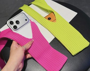 Handmade Crochet iPhone pocket 12-17 Pro Max/Plus – Knitted Crossbody & Wrist Strap Mobile Pouch, Soft Sleeve Sock Cover