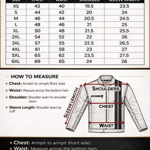 May include: A size chart for men's jackets, with measurements in inches. The chart includes chest, waist, shoulder, and sleeve length measurements for sizes XS to 6XL. An illustration shows how to measure chest, waist, shoulder, and sleeve length.