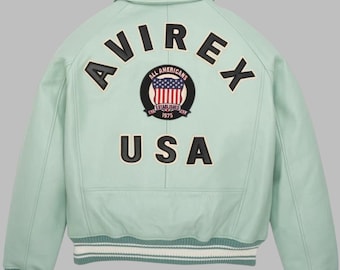 New Mens Mint Green Avirex USA Leather Bomber Jacket | Vintage Varsity Sea Green Outerwear