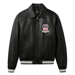Avirex London Black Leather Jacket – Palace Triangle Patch – Streetwear Bomber Coat - Handmade Cowhide Leather Jacket image 2