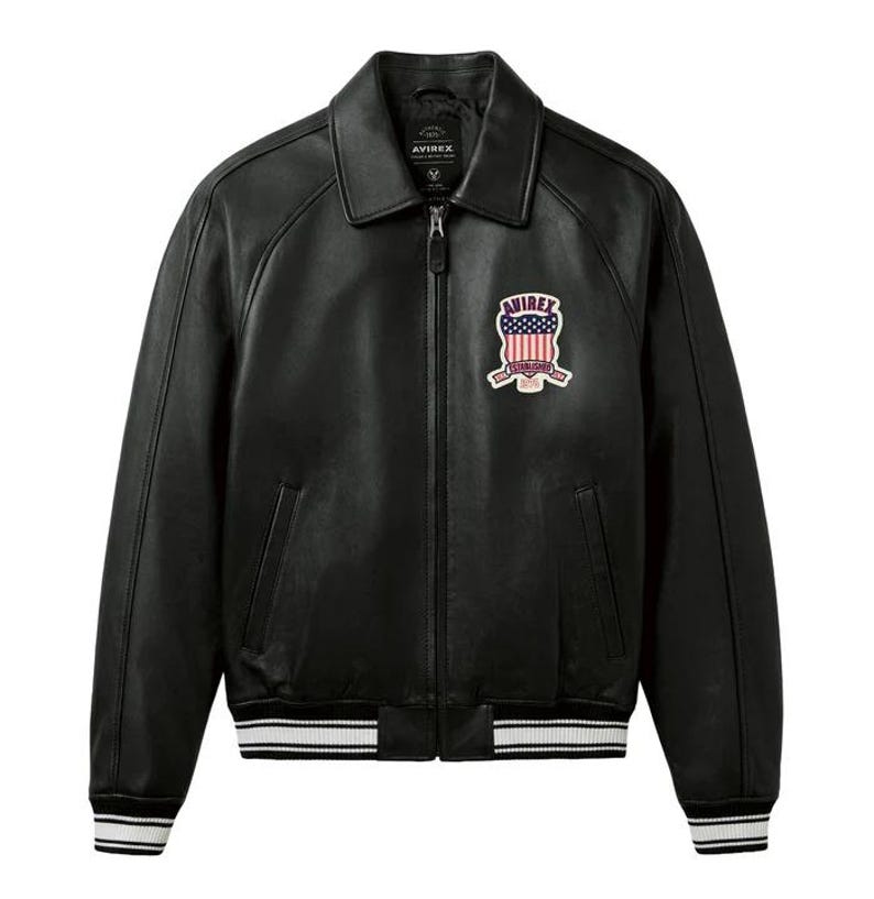 Avirex London Black Leather Jacket – Palace Triangle Patch – Streetwear Bomber Coat - Handmade Cowhide Leather Jacket image 2