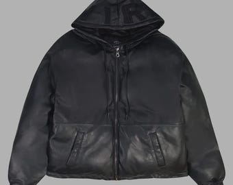 Men’s Avirex Black Nappa Leather Puffer Hoodie Jacket | Genuine Leather Zip-Up Winter Streetwear Coat | gift for him