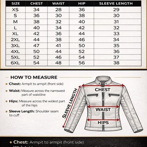 May include: Women's jacket size chart with measurements in inches. Sizes range from XS to 6XL, detailing chest, waist, hip, and sleeve length. Includes a diagram illustrating how to measure chest, waist, hips, and sleeve length for accurate sizing.