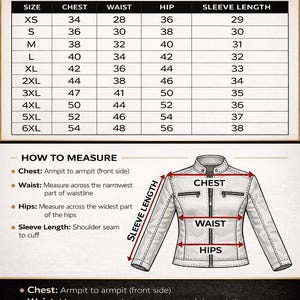 May include: Women's jacket size chart with measurements in inches. Sizes range from XS to 6XL, detailing chest, waist, hip, and sleeve length. Includes a diagram illustrating how to measure chest, waist, hips, and sleeve length.
