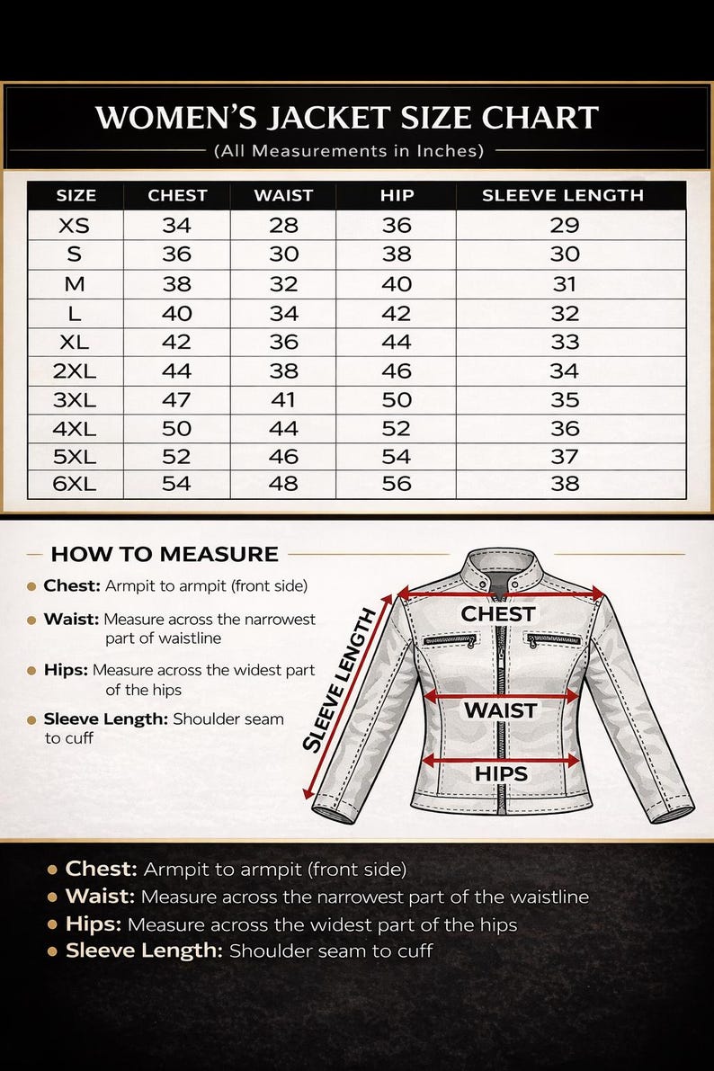 May include: Women's jacket size chart with measurements in inches. Sizes range from XS to 6XL, detailing chest, waist, hip, and sleeve length. Includes a diagram illustrating how to measure chest, waist, hips, and sleeve length.