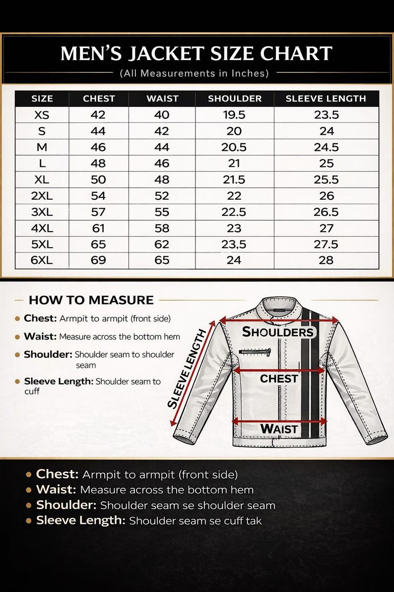 May include: A jacket size chart with measurements in inches. The chart includes sizes XS to 6XL, with chest, waist, shoulder, and sleeve length measurements. A diagram illustrates how to measure chest, waist, shoulder, and sleeve length.