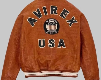 Giacca bomber in pelle marrone Avirex USA Icon fatta a mano | Giacca in pelle e arancione Avirex USA Icon