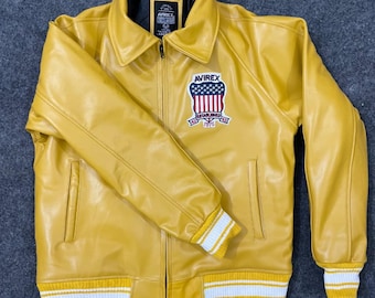 Avirex USA Yellow Bomber Jacket Men Leather Jacket, Letterman Jacket, Personalized Jacket, Spring Leather Jacket Men