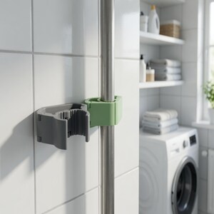 Pode incluir: Um suporte de parede cinza e verde para esfregona e vassoura. O suporte é feito de plástico e foi projetado para segurar o cabo de uma esfregona ou vassoura. O suporte é montado em uma parede de azulejos brancos. Ele foi projetado para organizar ferramentas de limpeza.